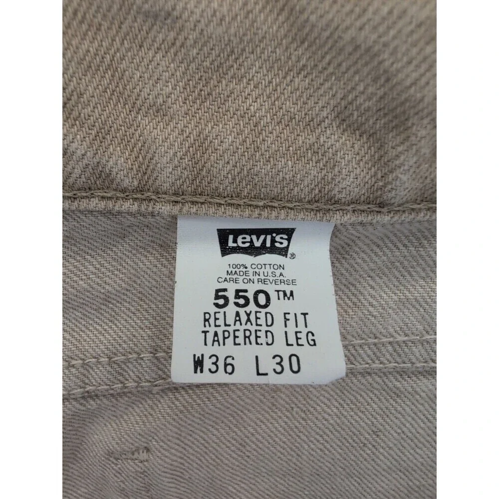 VTG 90s Levi's 550 Made in USA Orange Tab Relaxed Sandstone Tan Jeans 36x30